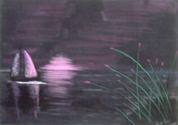 Segelboot mit Sonnenuntergang - Ernst Gierer - Pastell auf schwarzem Velours