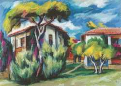 Haus mit gro�er Pinie - Alice Herold - Pastell