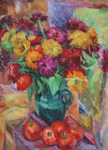 Zinienstrauss mit Fr�chten - Alice Herold - �l auf Leinwand